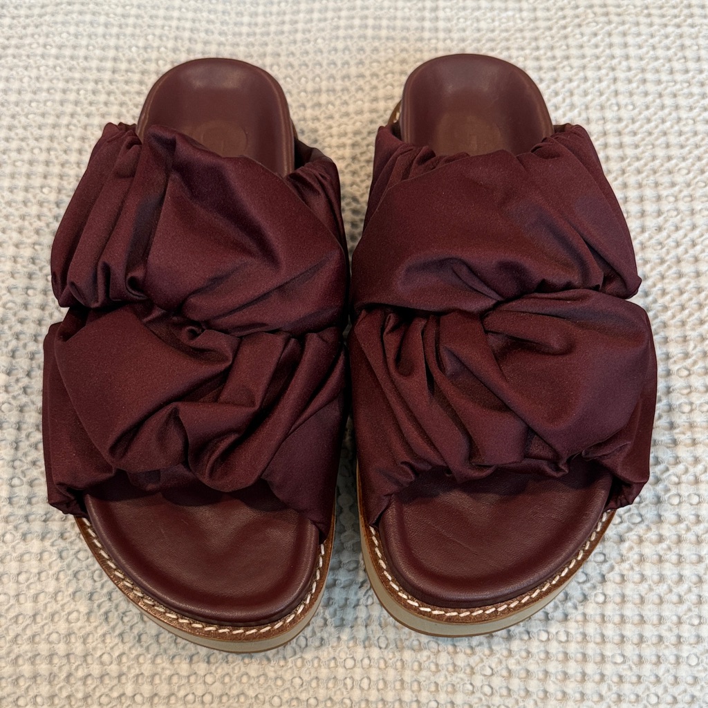 Ganni Ruched Flatform Slide Sandals Burgundy Size 39